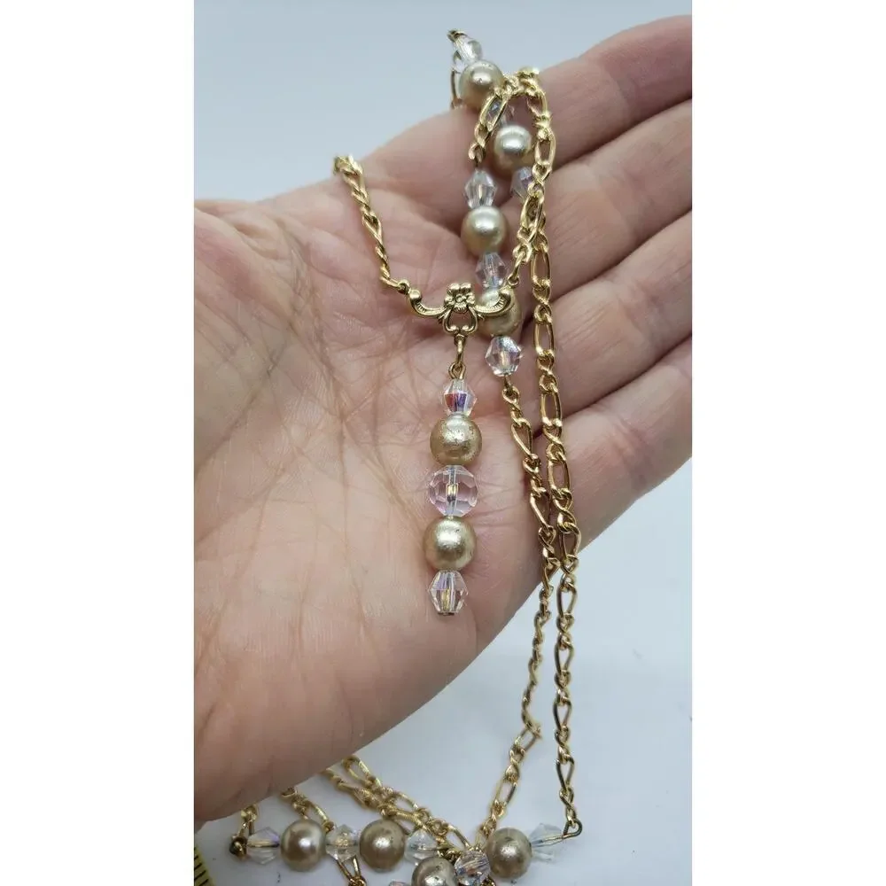 Vintage Gold Tone Chain Necklace Faux Pearl Aurora Borealis Crystal Beads LONG
